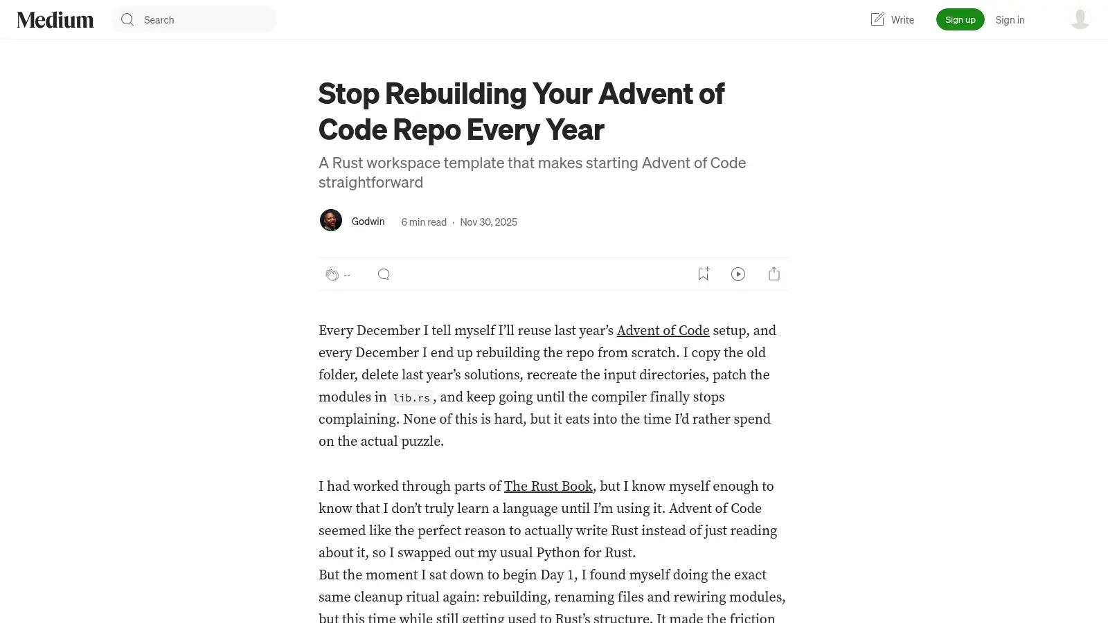 Advent Of Code Rust Template screenshot