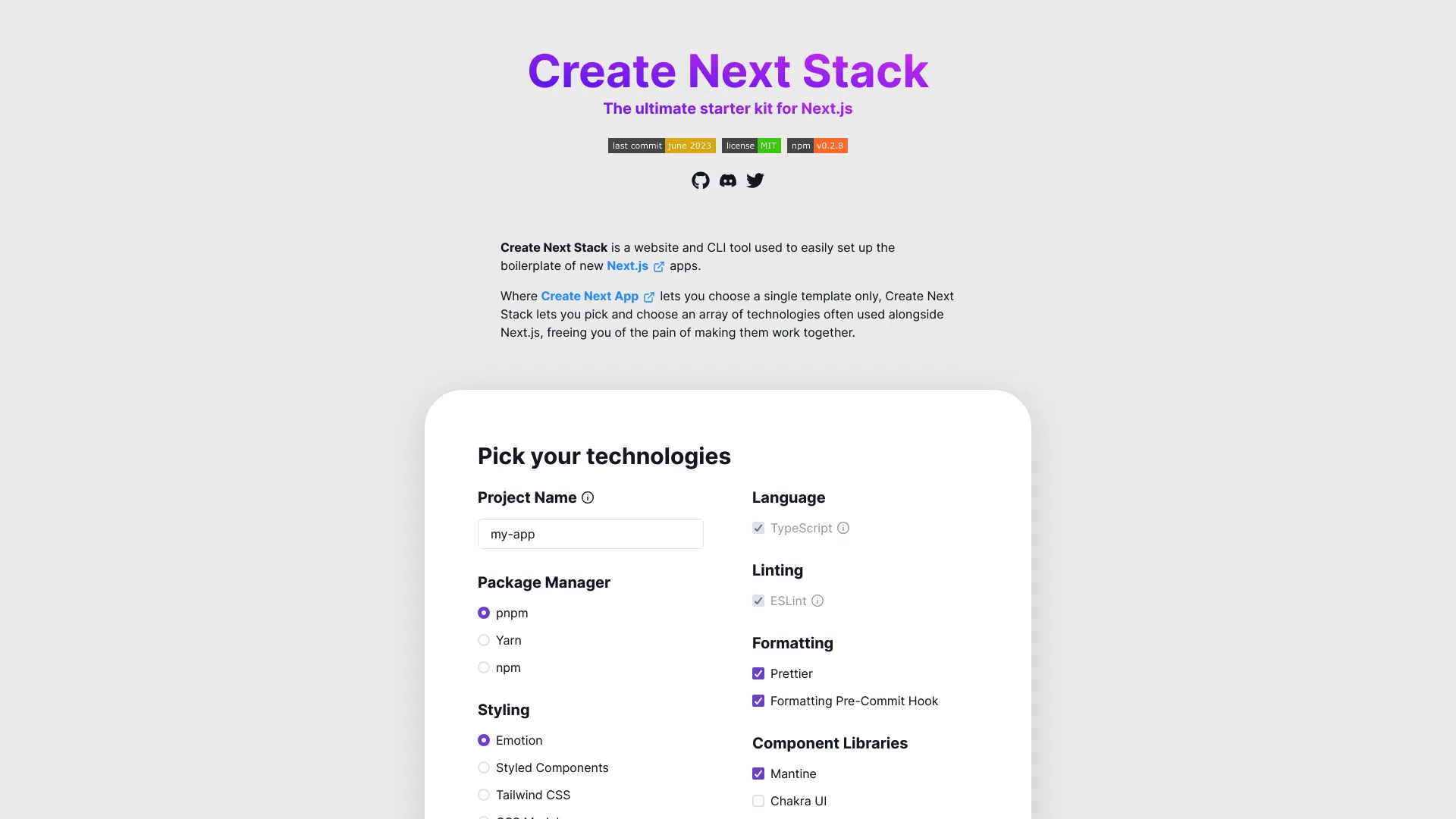 Create Next Stack screenshot
