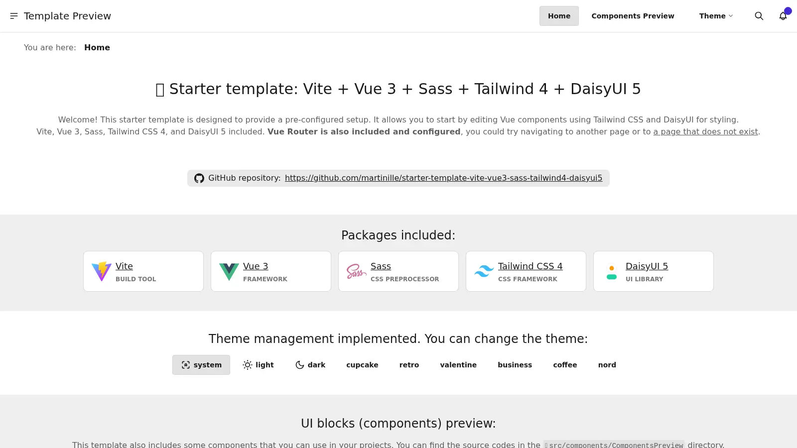 Starter Template Vite Vue3 Sass Tailwind4 Daisyui5 screenshot