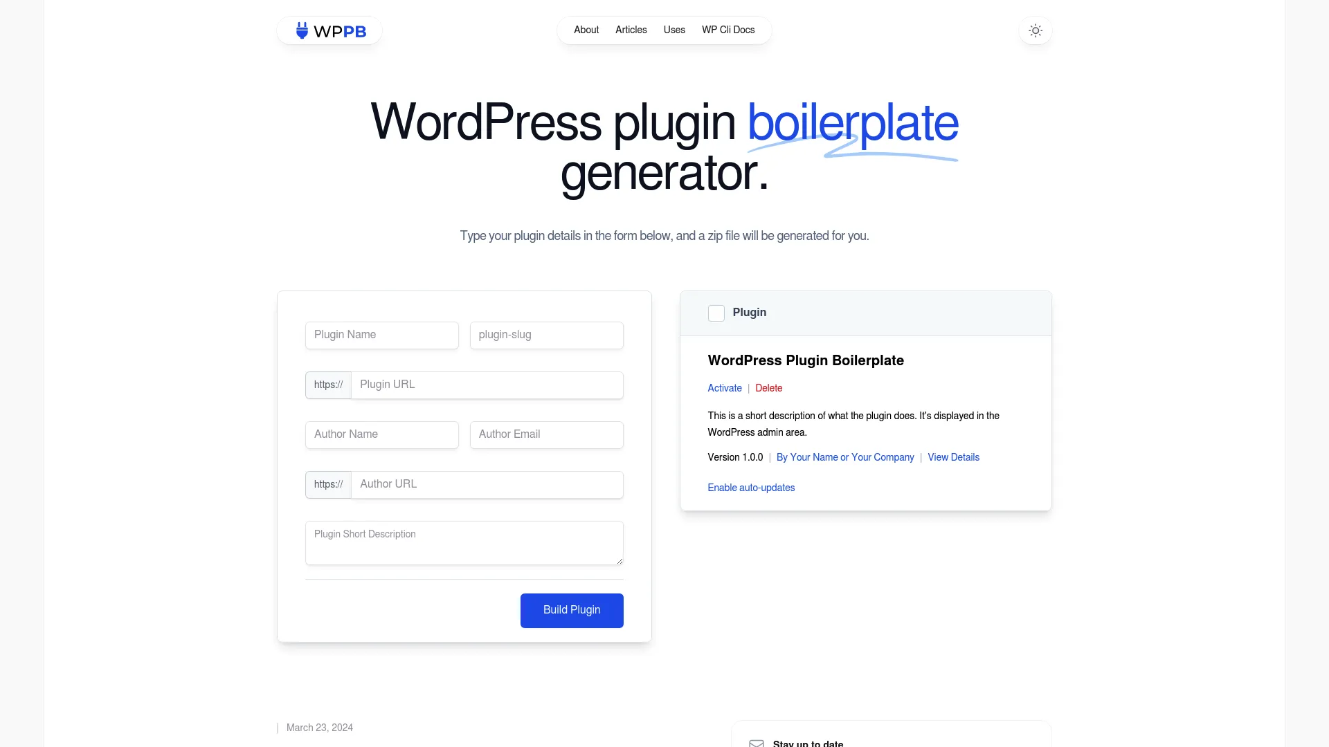WordPress plugin boilerplate generator screenshot
